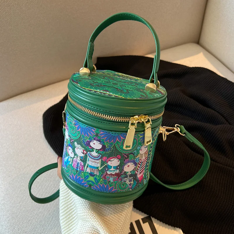 Round Bucket Crossbody Bag For Women Cute Cartoon Printing Handbags Zipper Flap Mini Small Bag Female Embroidery Shoulder Bag