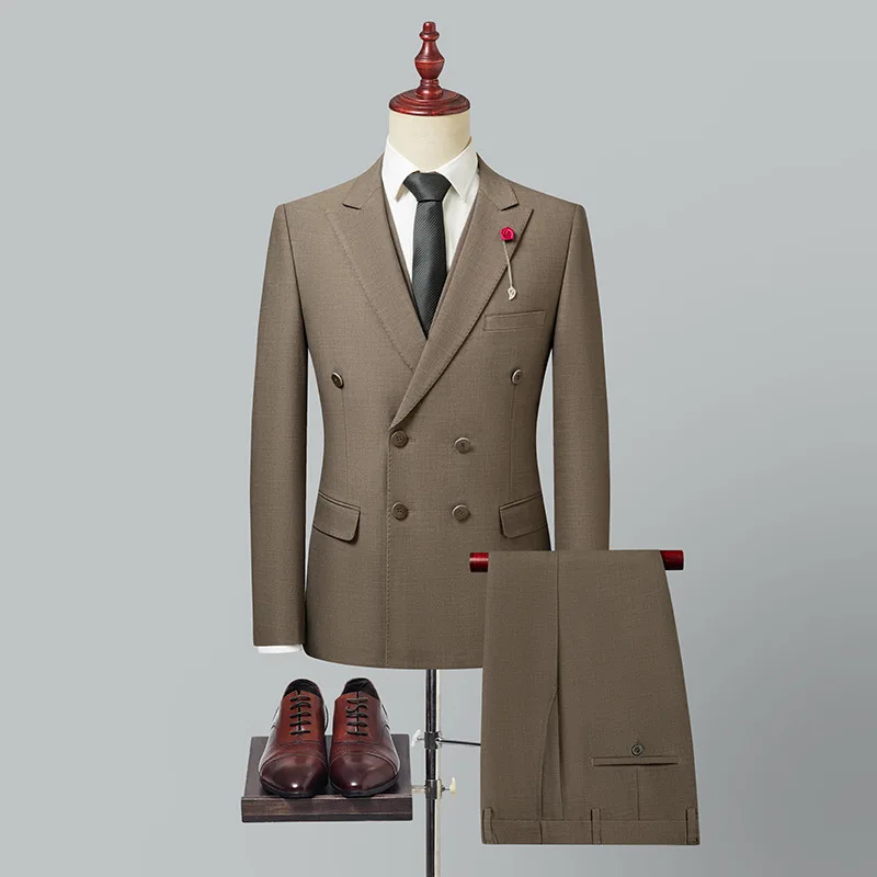 

KIDWHXR Man Suit Outfit Spring Vintage Double-breasted Long Sleeve Male 3-piece Set Slim Breathable Business Wedding Men Suits