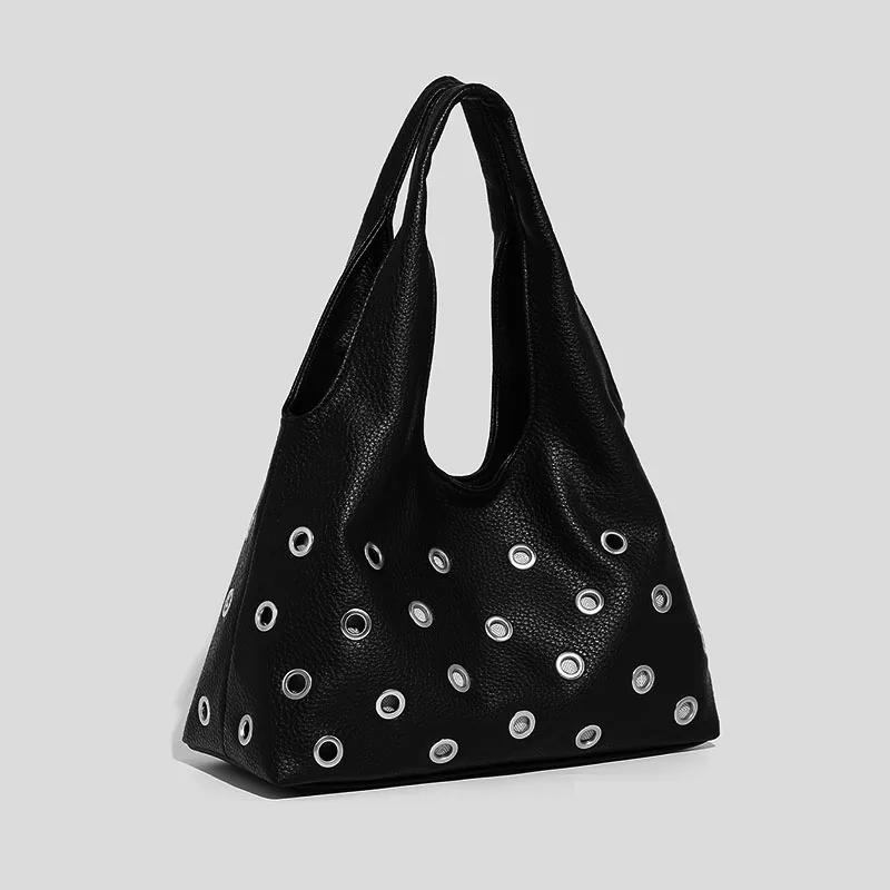 

New Handbag Half Moon Hollow Studded Shopper Tote Bucket Bags Punk Rivet Women Shoulder Bag Soft PU Leather Tote Bags for Women