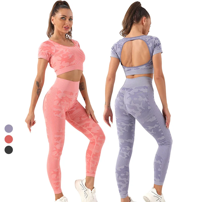 

Fashion Gym Wear Set Women Short Sleeve Crop Tops Backless Seamless Leggings Fitness Yoga Wear Gym Female Set