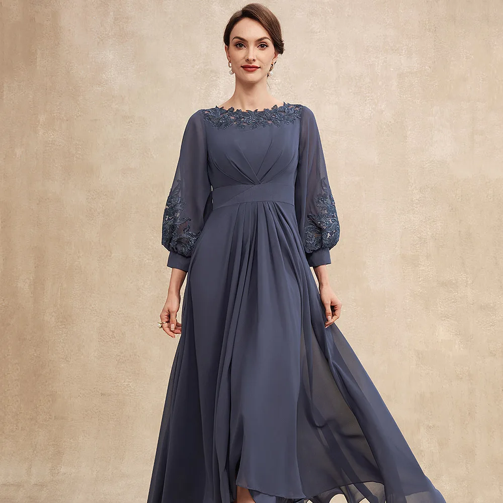 Demure O Neck A Line Mother Of The Bride Dress For Wedding Long Puffy Sleeves Lace Appliques Pleats Vestidos Para Madrina