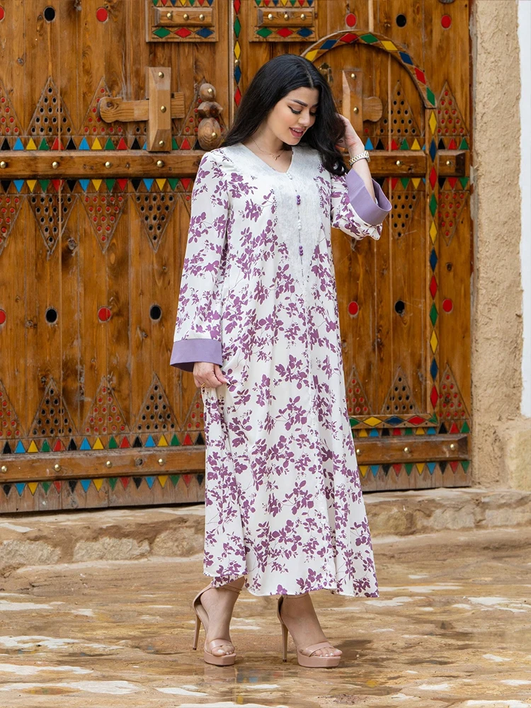 TOLEEN Een Midden-Oosten damesjurk met V-hals, enkele rij knopen, bloemenprint, casual Arabische jurk en modieuze moslimjas met print