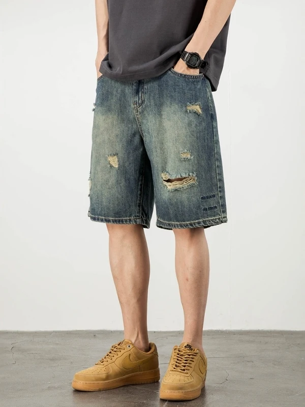 

Мужские джинсовые шорты в американском стиле, повседневные, свободного кроя, летние, тонкие, с эффектом потертости, прямые, винтажные