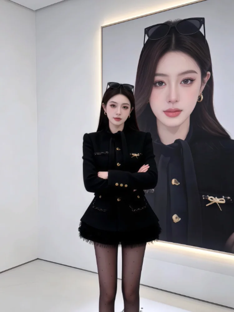 Black Woolen Coat And Skirt Set Women's Fashion Slimming Autumn Outfit High Waist Short Skirt with Button Detail