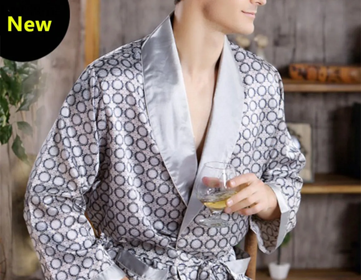 New 2024 Men\'s Luxury Pajamas Robes Silk Kimono Robe Long Sleeve Bathrobe Satin Nightgown Male Summer Home Clothing Oversize 5XL