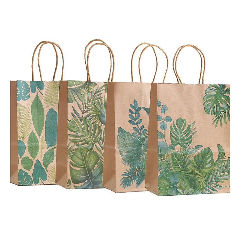 12/24Pcs Kraft Paper Forest Green Leaf Gift Bag With Handle Wedding Favor Cartoon Packaging Shopping Bag Birthday Party Supplies