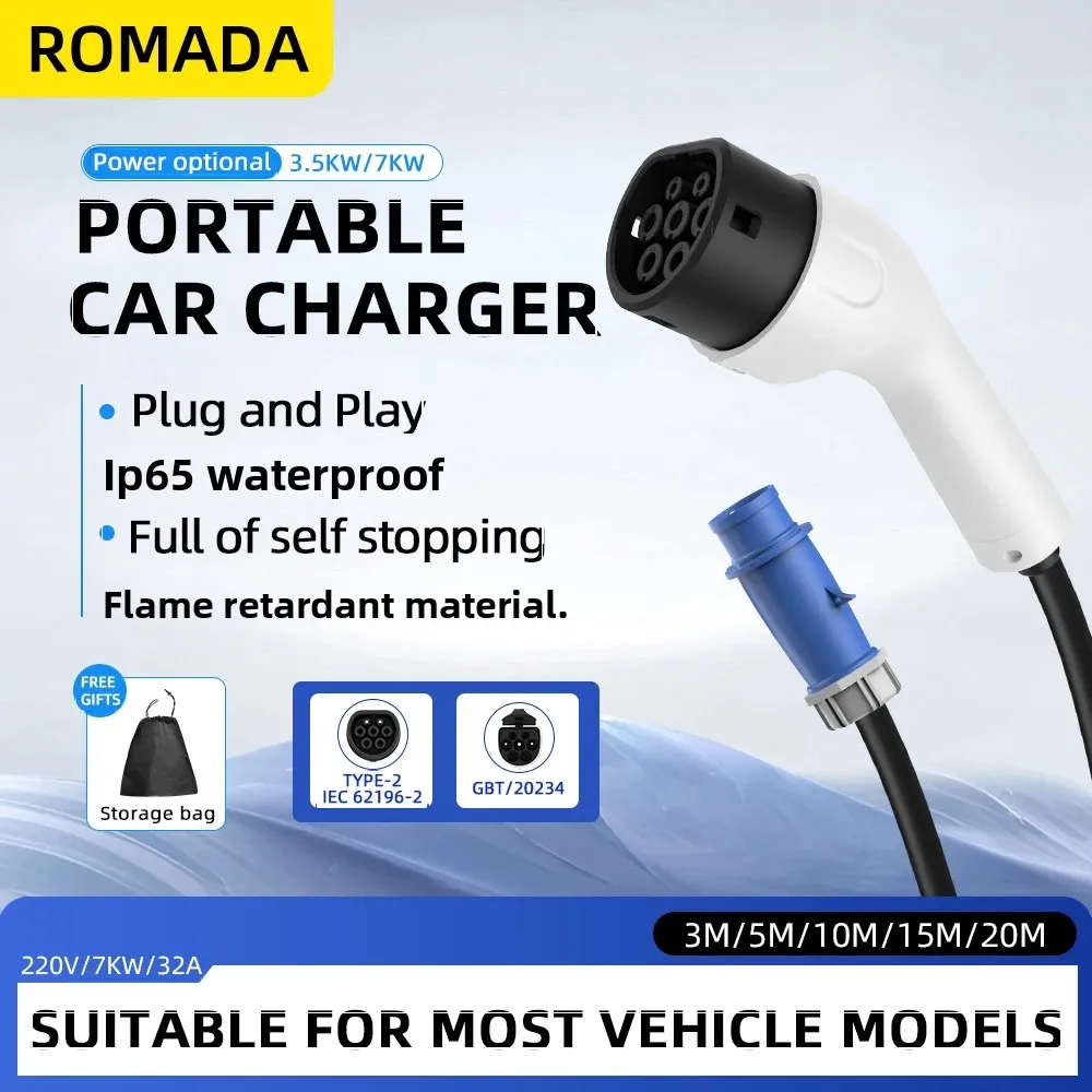 Type2 IEC62196 CEE Plug Portable EV Charger 7KW 32A with 3M/5M/10M/15M/20M Cable Wallbox Adapter for Electric Vehicle