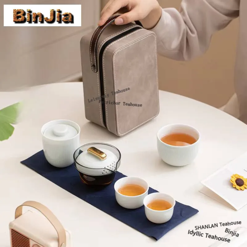 

White Porcelain Portable Travel Tea Set Kit Elegant 1 Pot 3 Cup Maker Picnic Outdoor Tote Pu Bag For Supplies Decoration Craft