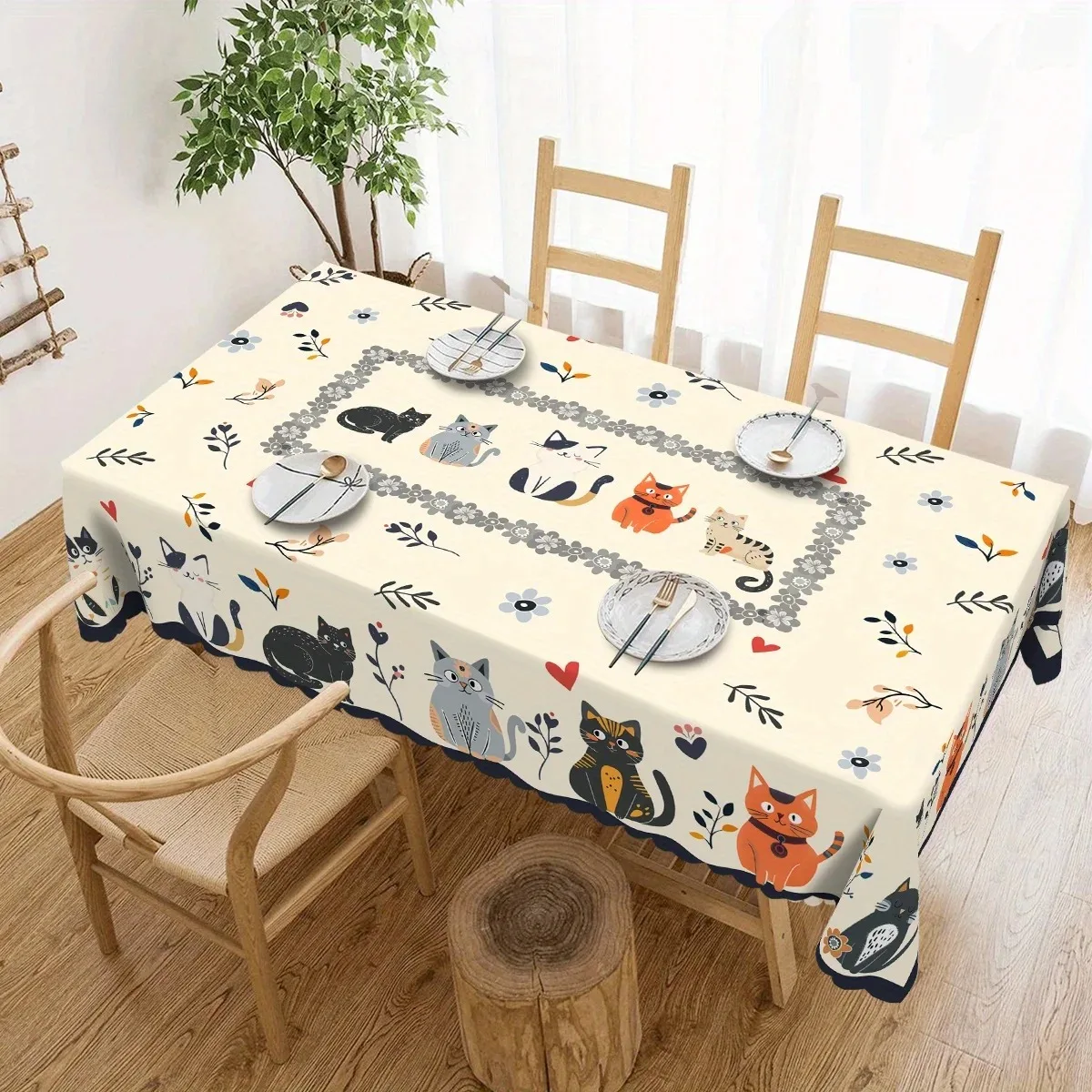 

Cute Cat Waterproof Polyester Tablecloth 2D Flat Printed Cartoon Animal Table Cover For Dining Room Kitchen Home Decor