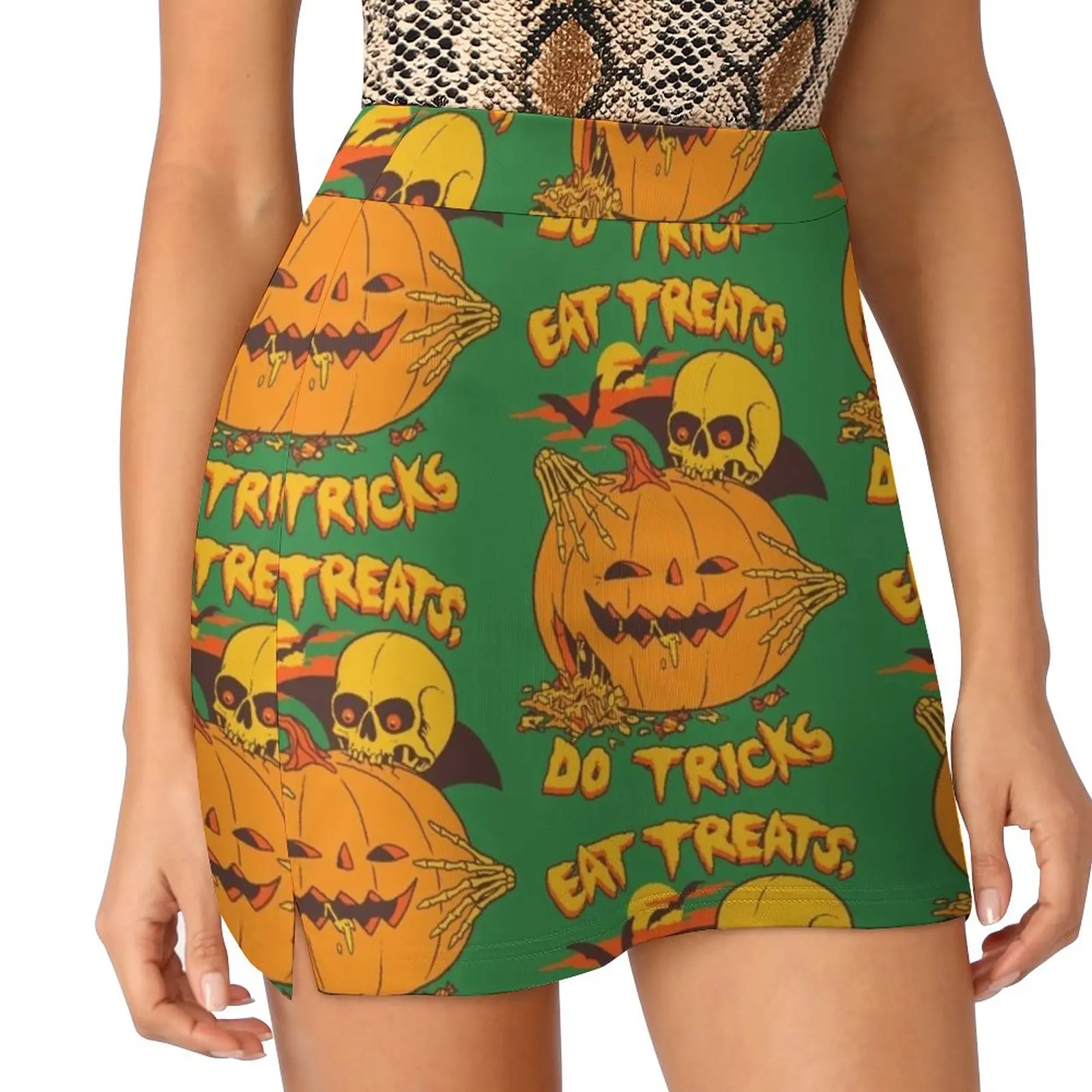 

Eat Treats , Do Tricks Women's skirt Aesthetic skirts New Fashion Short Skirts Halloween Skeleton Pumpkin Jack O Lantern Trick