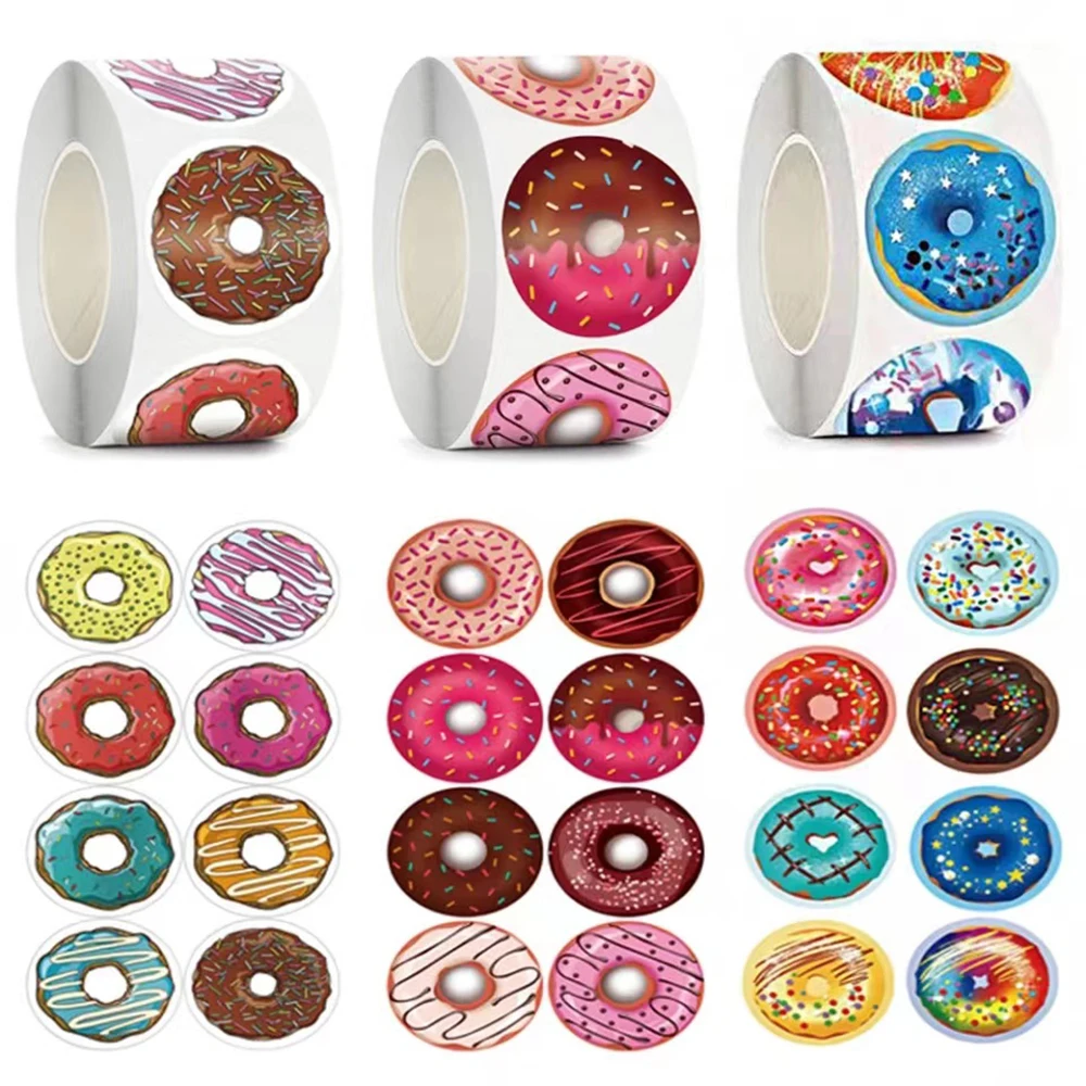 50-500pcs Donuts Sticker 1inch Colorful Kids Label Baking Store Decorations Classroom Teacher Encourage Student Reward Stickers