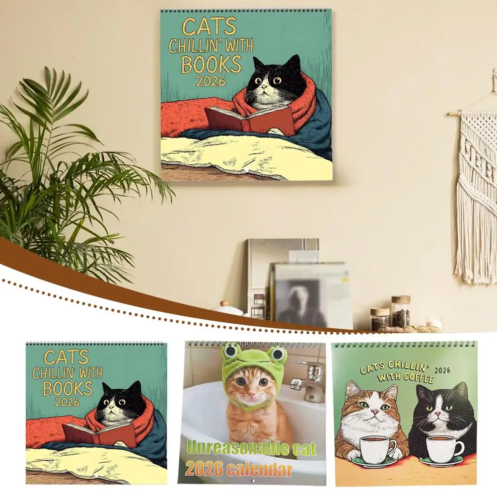 Calendrier mural chat 2026 12 mois, thème café, chats amusants, Design, planificateur d'agenda familial, suspendu, décor de maison, de bureau, de chambre à coucher