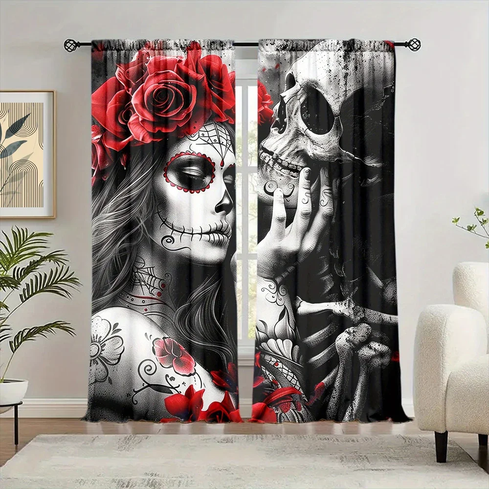 2pcs Skeleton Love Printed Curtain for Home Decor - Rod Pocket Window Treatment for Bedroom,Office,Kitchen,Living Room,and Study