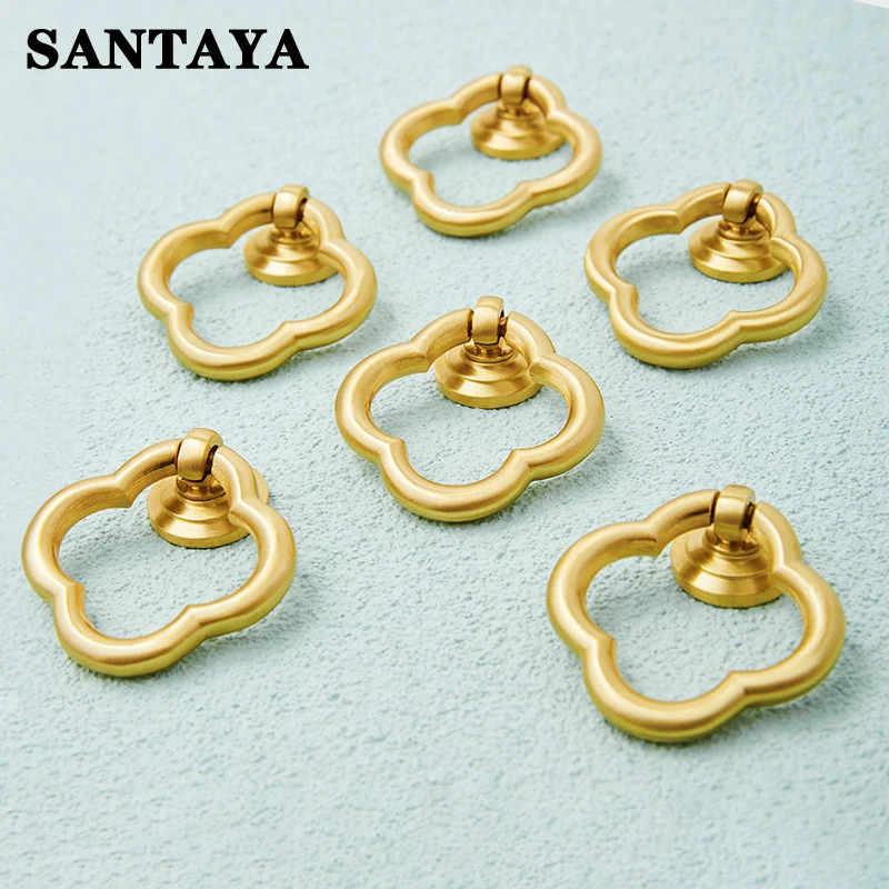 Brass Furniture Handles Garden Pendant Pull Rings Four-Leaf Clover Gold Premium Wardrobe Dresser Kitchen Cabinet Drawer Knobs