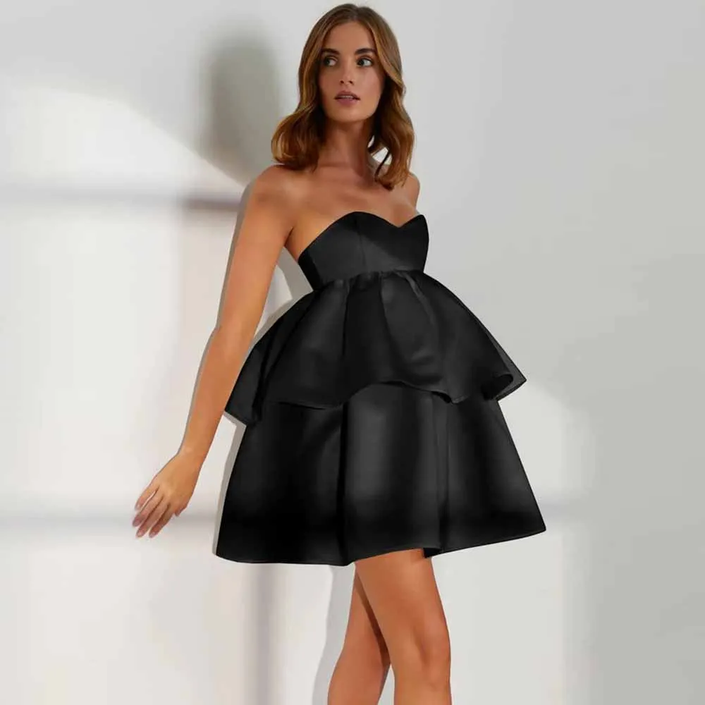 Simple Women's Party Dresses Satin A-line Birthday Dress Black Sweetheart Tiered Zipper Prom Dresses for Ladies Mini 2026
