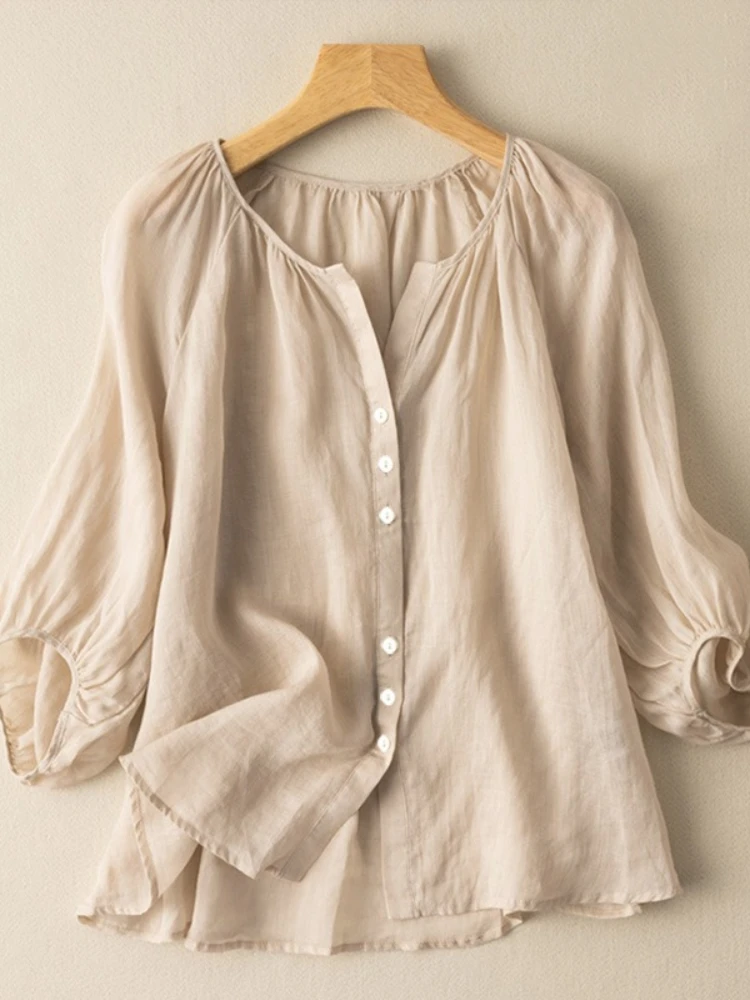 Femmes printemps été nouvelle mode grande taille littéraire rétro col en v décontracté haut ample nouvelle lanterne manches couleur unie chemise