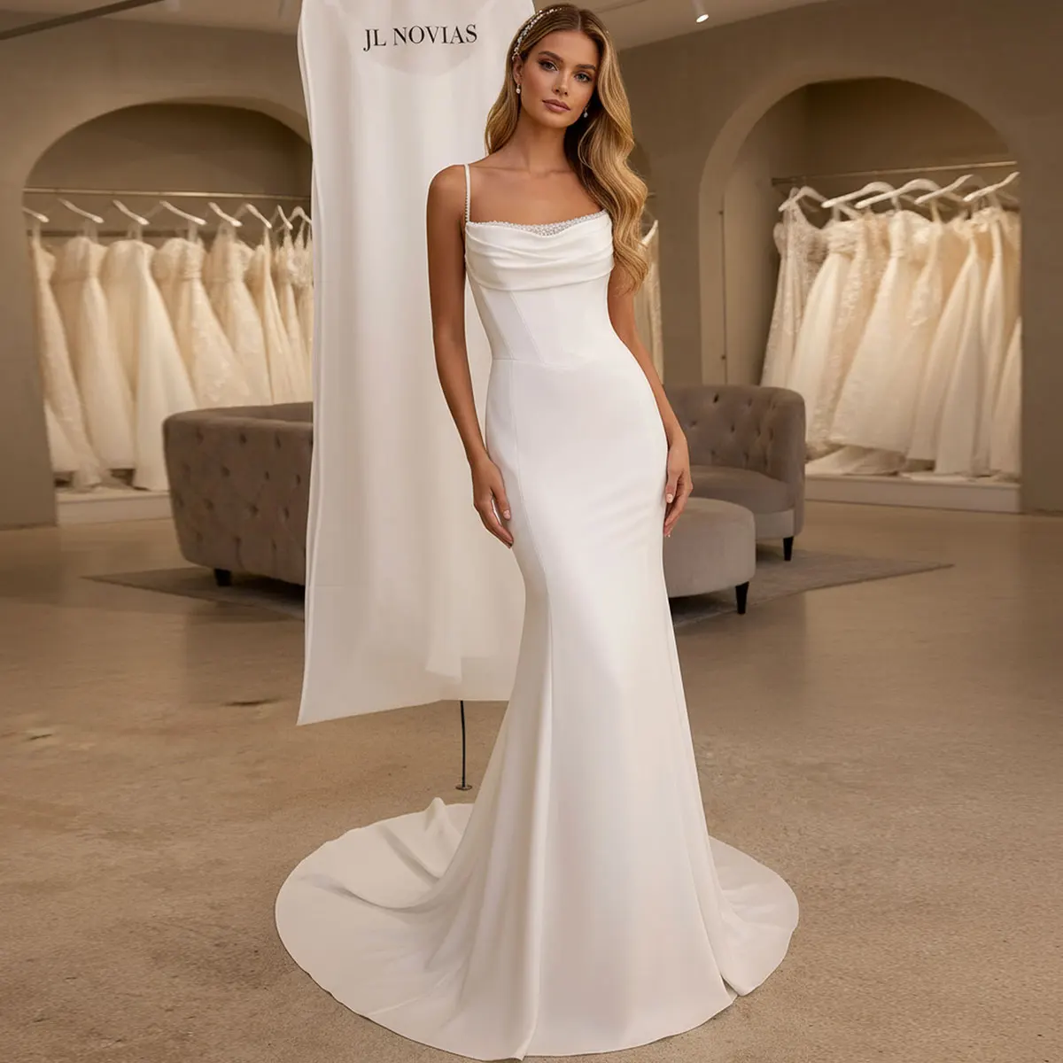 

Romantic Backless Beaded Mermaid Wedding Dresses For Women Satin Sheath Long Bridal Party Gown For Bride Vestidos Novia