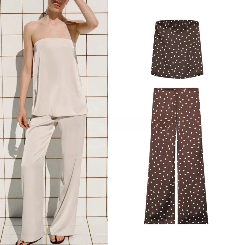 

Шелковый атласный комфортный топ с открытыми плечами и прямым воротником, брюки с высокой талией, женский модный комплект, летний наряд, круглый вырез...