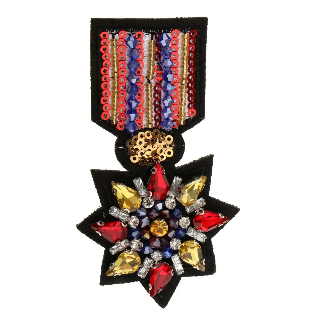 Embroidery Rhinestone Medal Badge Patch Sequins Beaded Applique Sew on /Iron on fit Clothes Dress Bag Shoes Hat DIY Decoration