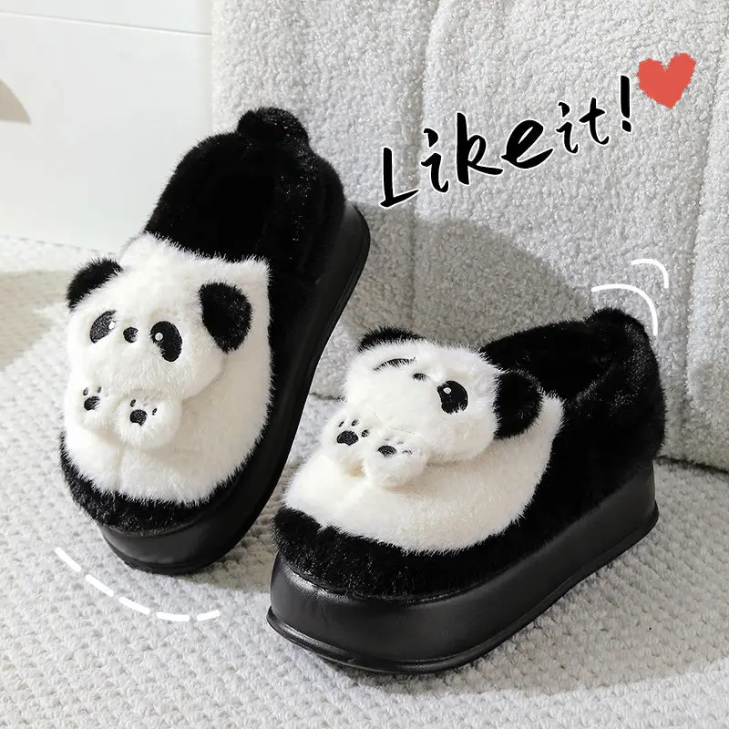 

High heel thick platform slippers women's panda shoes for winter mules woman home furry booties ladies chunky fur boot slippers