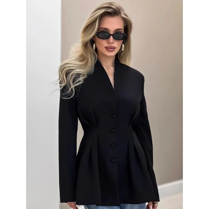 

Elegant V-neck Tunics Black Suit 2026 Autumn Women's Long Sleeve Single Breasted Slim Blazers Ruched Outerwear Streetwear