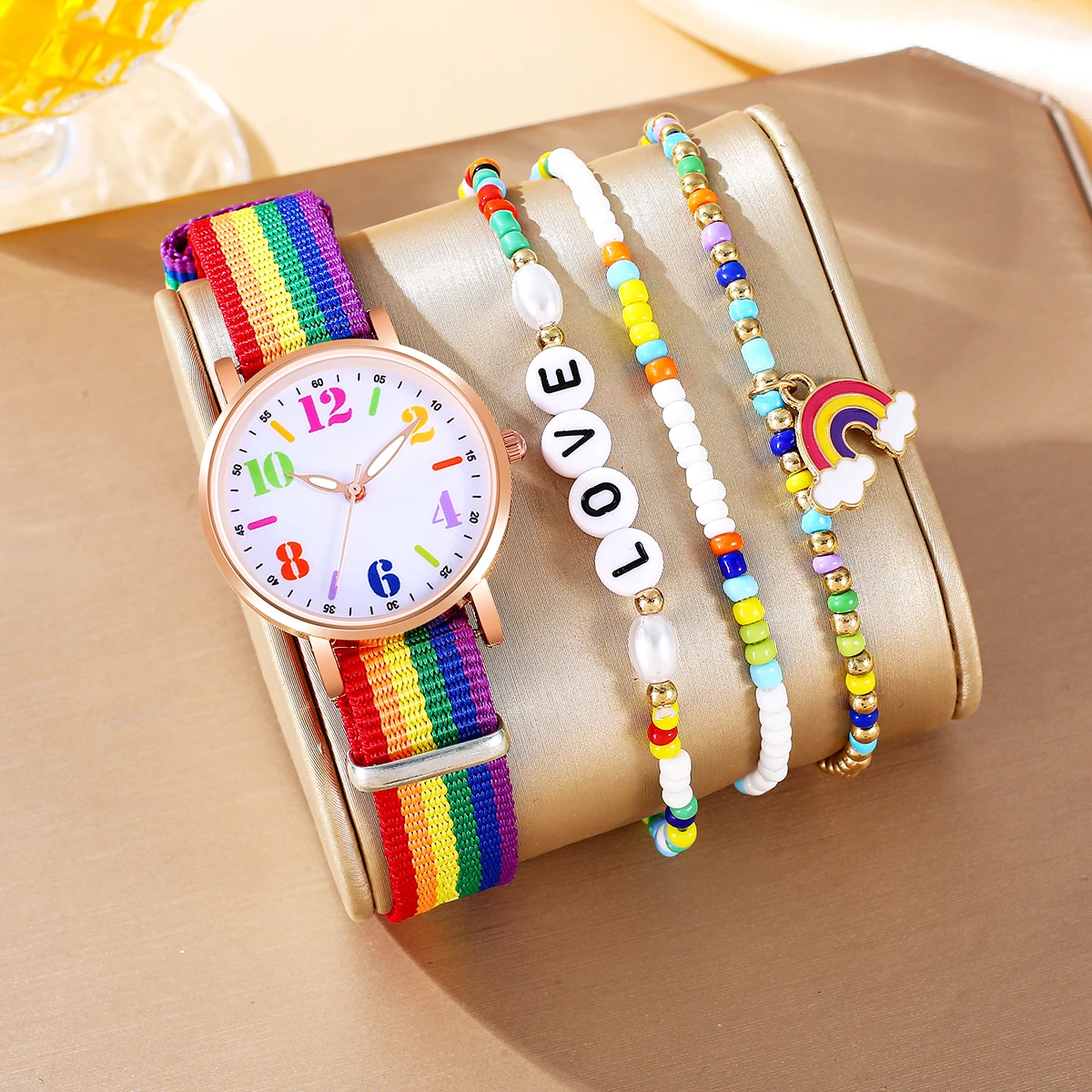 4Pcs Ladies Small Clear Rainbow Digital Pointer Nylon Strap Quartz Watch Girl LOVE Abacus Bead Rainbow Bracelet Bracelet Set