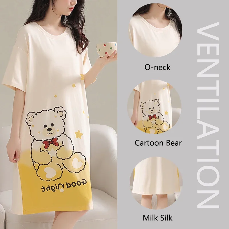 Women Large Size Pajamas Short-Sleeved Nightgown Cartoon Bear Xl Long Girl Robe Rabbitlong Skirt Loungewear Sexy Nightwear Dress