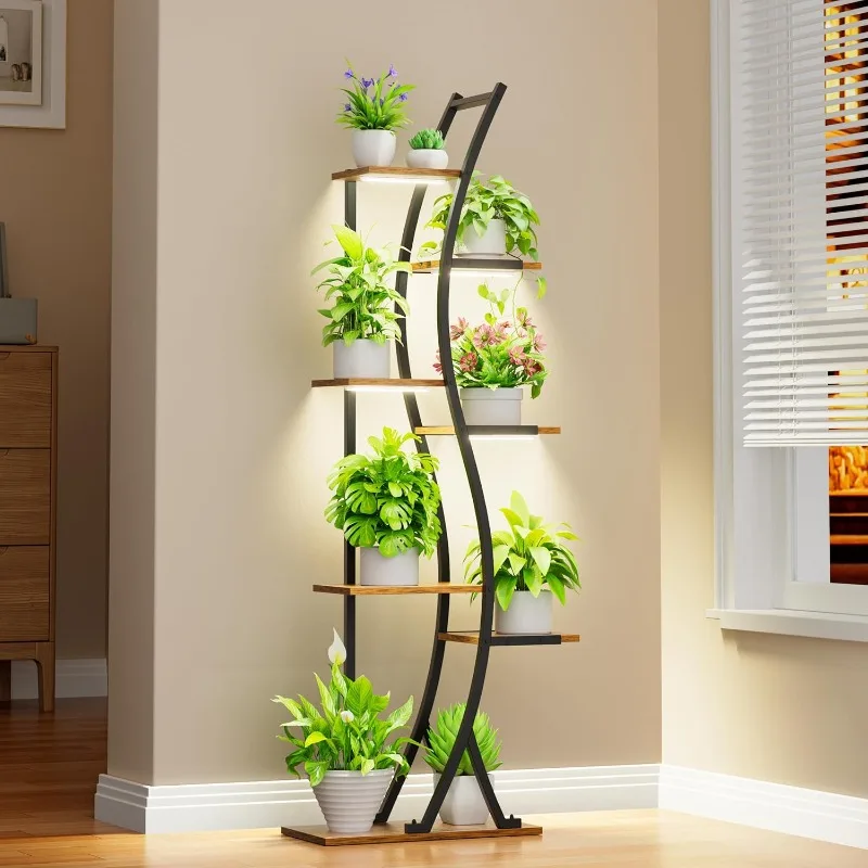

62 Inch High Plant Stand with Indoor Grow Light, 7 Tier Metal Plant Stand Bookcase, Curved Corner Flower Stand Display