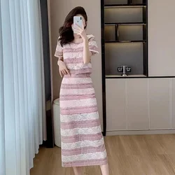 New High End Summer Lace 2 Piece Sets Women Outfit Striped Square Collor Short Sleeve Top Shirt + Long Skirt Suits Office Lady