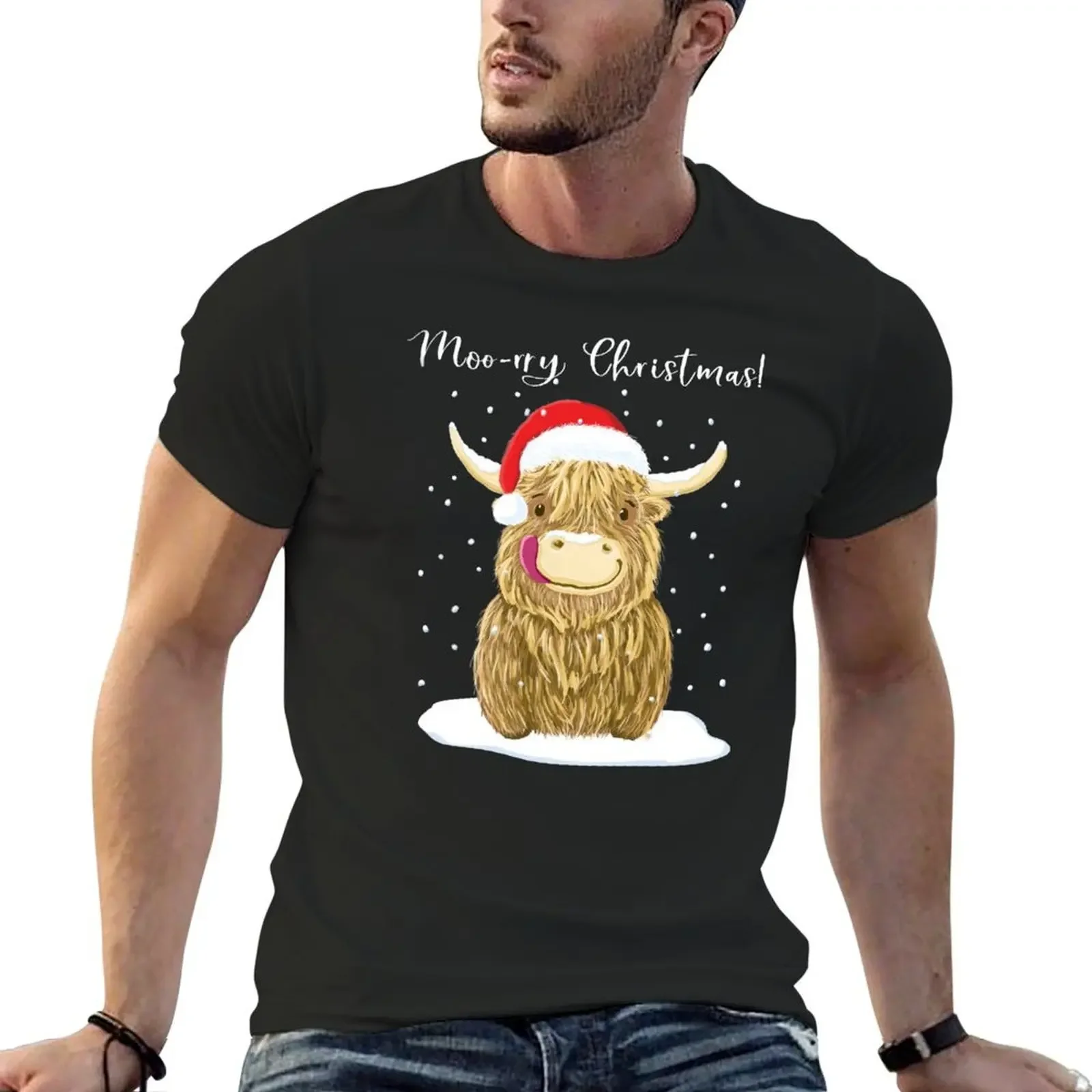 

Scottish Highland Cow, Moo-rry Christmas Wee Hamish T-Shirt fashion shirts rapper graphic tees men t shirts high quality