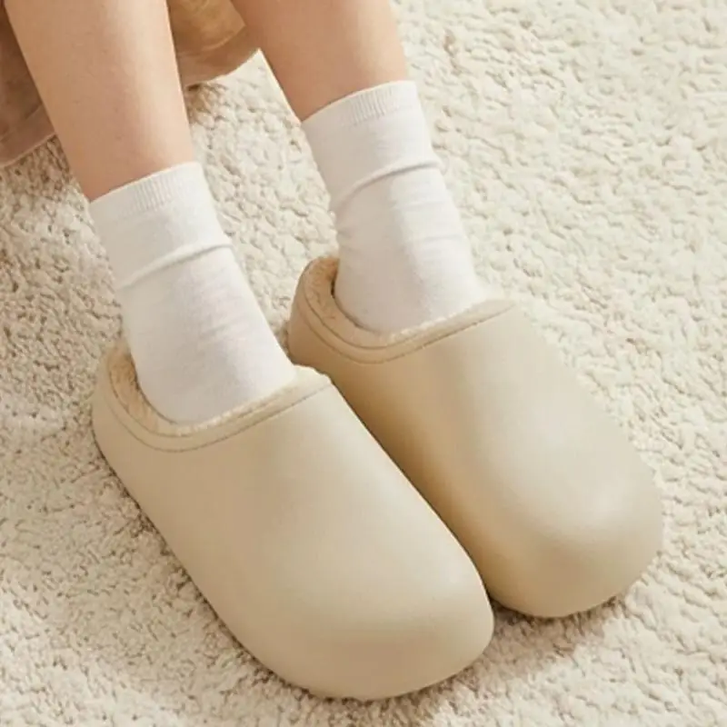 Warm Short Plush Waterproof House Slippers Women Soft Sole Anti Slip Bedroom Slippers 2026 Winter Closed Toe Light Weight Shoes