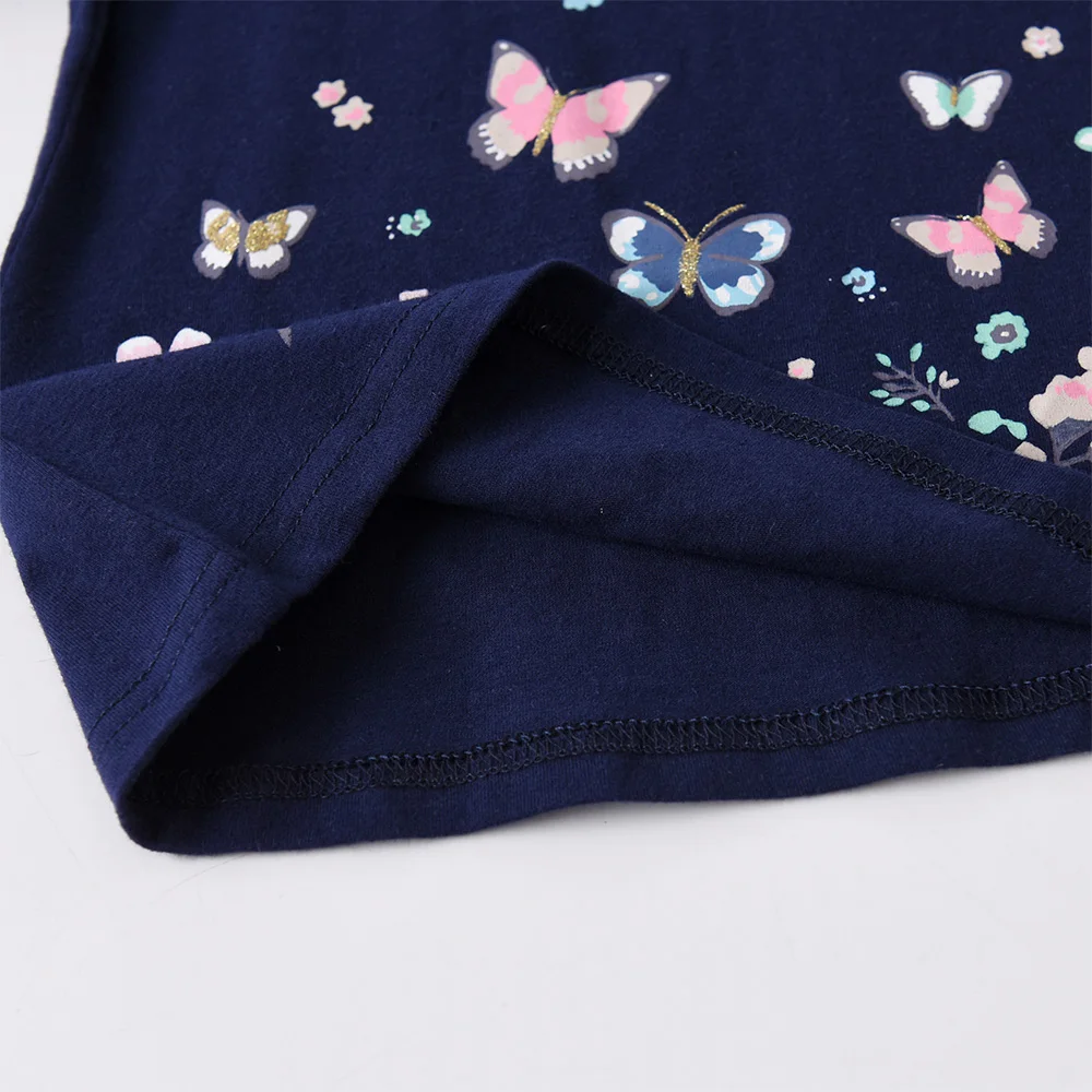 VIKITA Girls Autumn Spring Flare Sleeve T Shirt Kids Butterfly Floral Print Cartoon Tees Girls Cotton Casual Navy Blue Tops