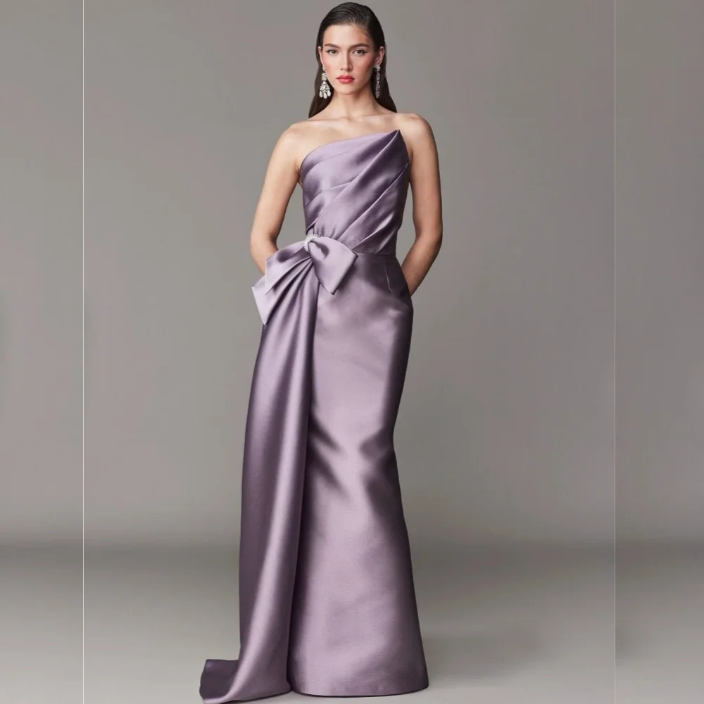 

Customized Elegant Matching Charmeuse Bow Pleat Straight Strapless Long Dresses Bespoke Occasion Formal