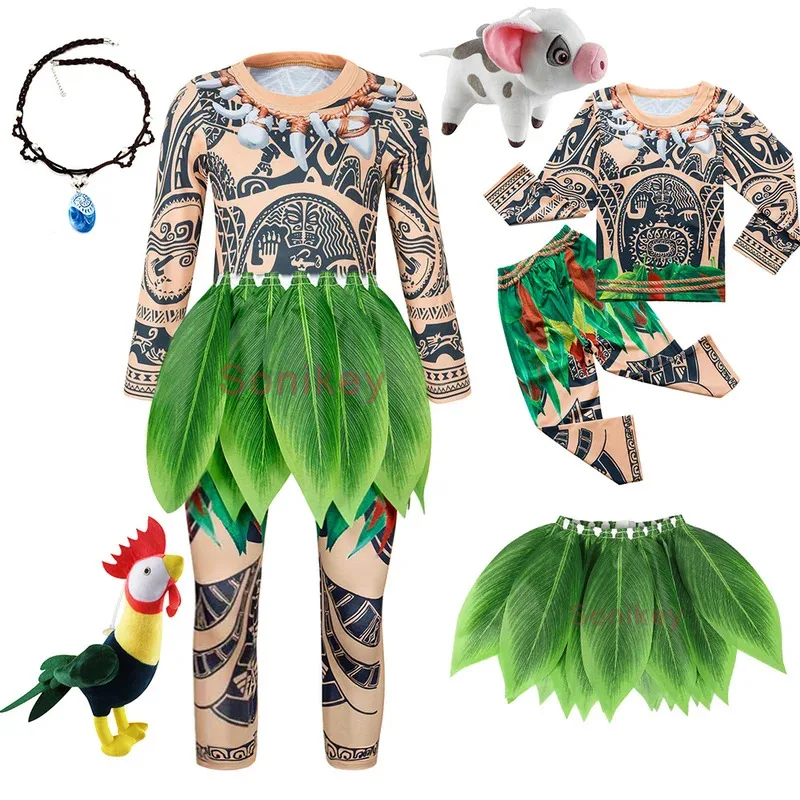 

l2025l Хэллоуин Новый костюм Vaiana для мальчиков комплект одежды Моана Мауи татуировка косплей Хэллоуин платье с длинными рукавами с листьями