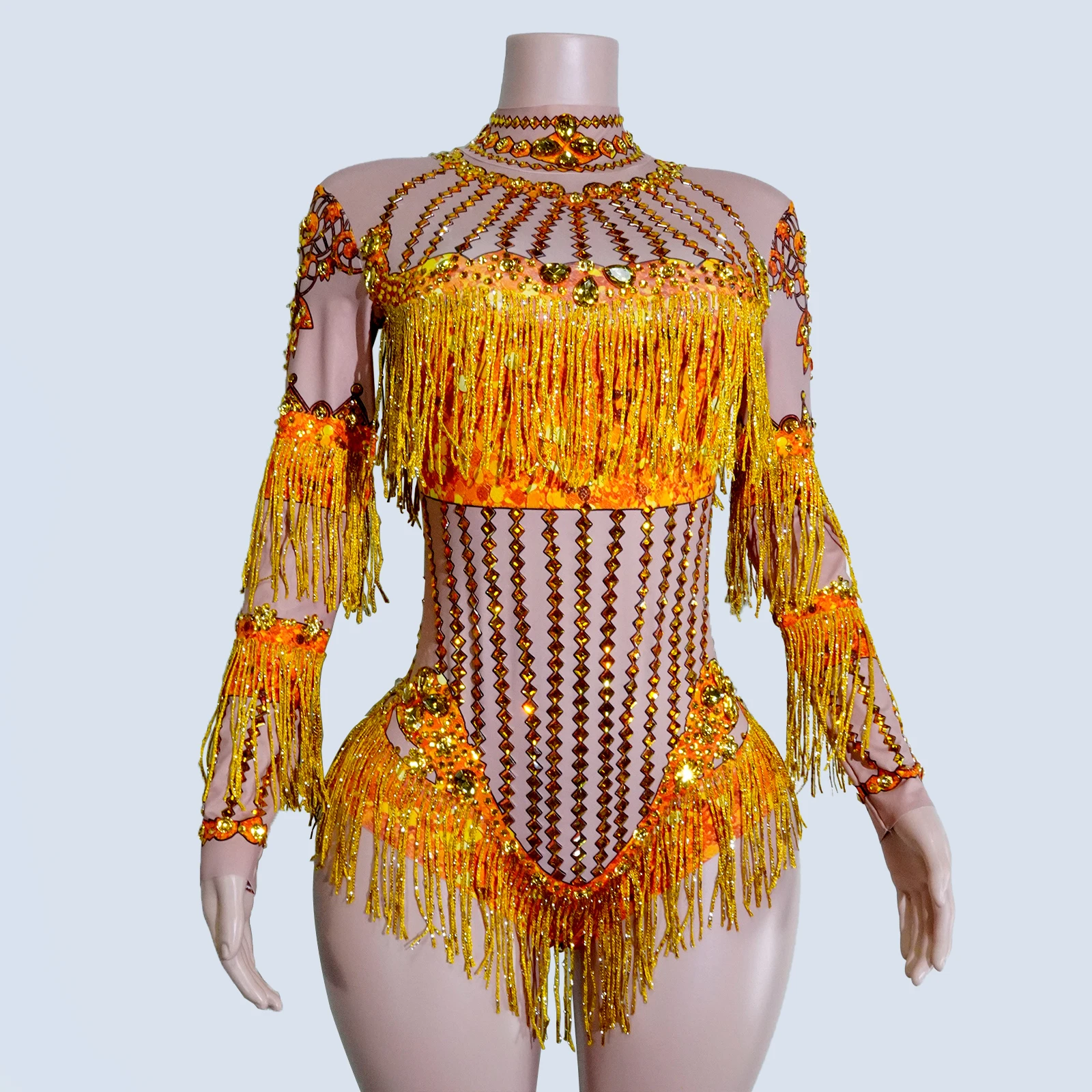 

Showgirls Costumes Glitter Gold Crystal Tassels Bodysuit Long Sleeves Dance Wear Drag Queen Stage Clothes Birthday Celebrate DJ