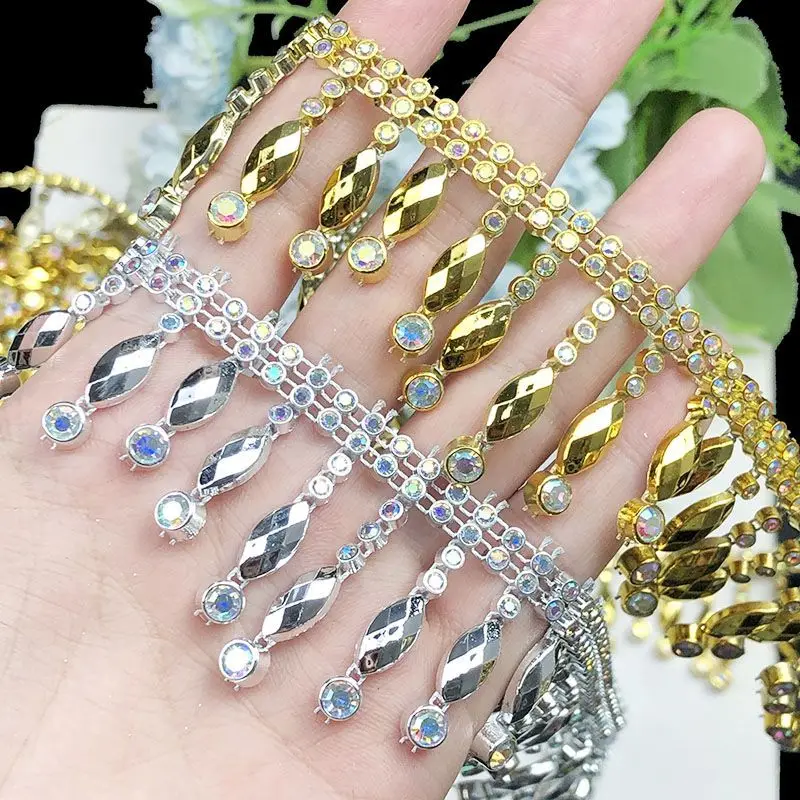 8 Yards 3.7cm Wide Teardrop Fringe Crystal Rhinestone Chain Trim Gold Silver AB Beaded Lace for Evening Dress DIY Sewing Wedding