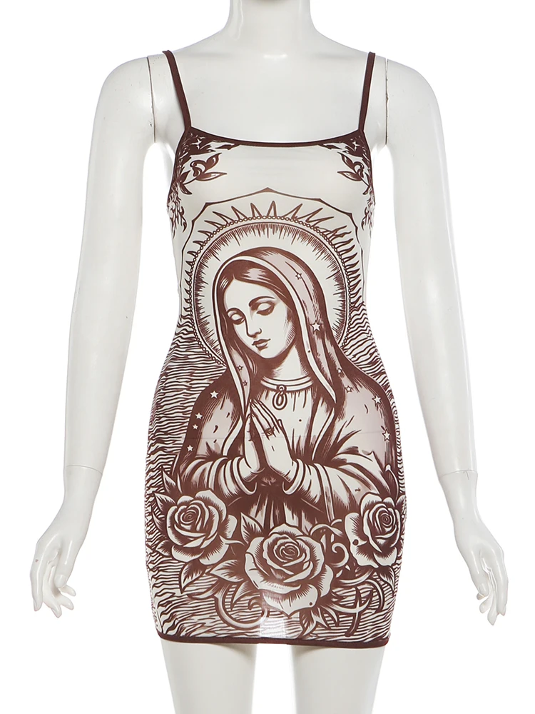 Sisterlinda See Through Dress Women Art Print Low-Neck Skinny High Elasticity Sexy Midnight Summer New Trend Hottie Mini Bodycon