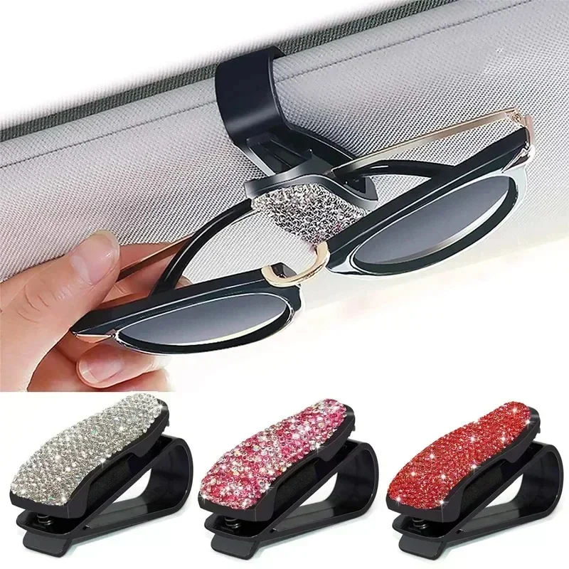 Crystal Diamond Magnetic Leather Sunglass Holder Eyeglass Hanger Clip Car Decor for Auto Sun Visor for Different Size Eyeglasses