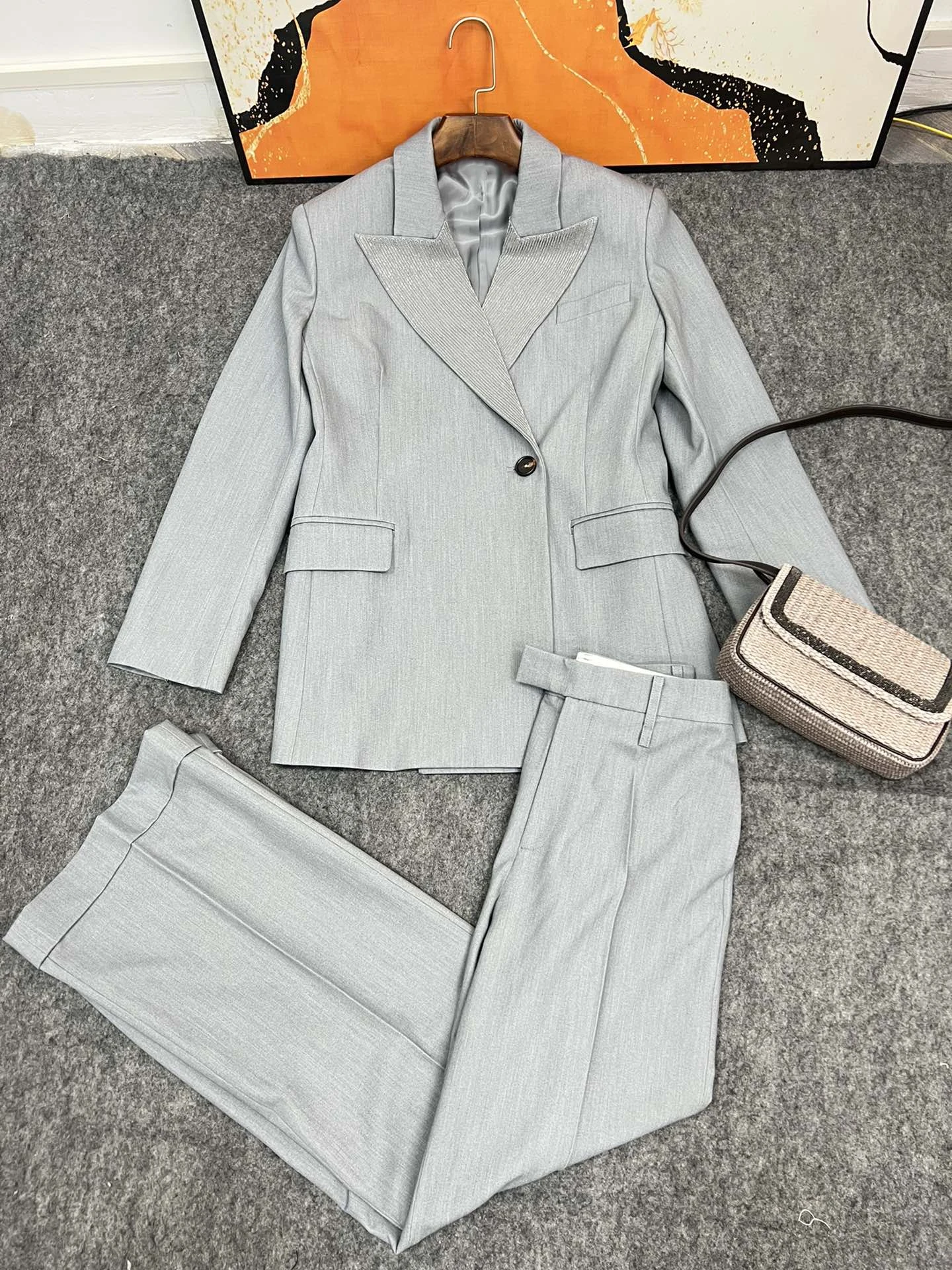 Women\'s Temperament Commuter Suit, Collar, Bead Chain Cardigan, Elastic Waist, Wide Leg Trousers, Linen Suit, 2 Pcs