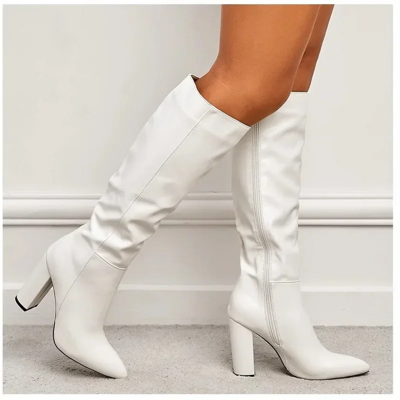 Fashionable Mid Length Boots with Side Zipper Pointed Knight Boots European and American High Cut Thick Heeled Women's Boots