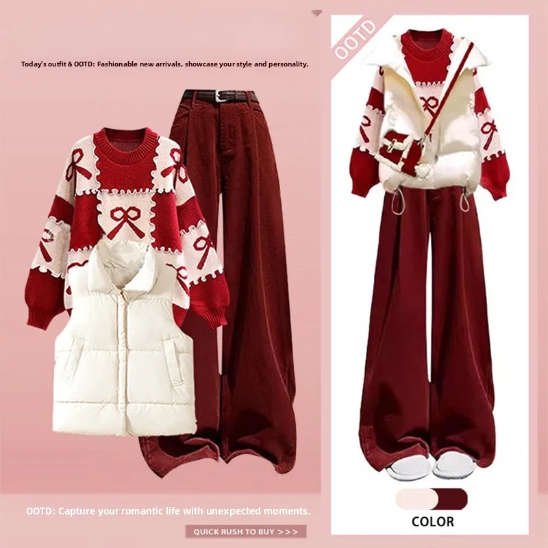 

Осенне-зимний женский комплект Cisas Red Aosphere, комплект из 3 предметов, свитер, хлопковый жилет, широкие брюки, теплая футболка, костюм