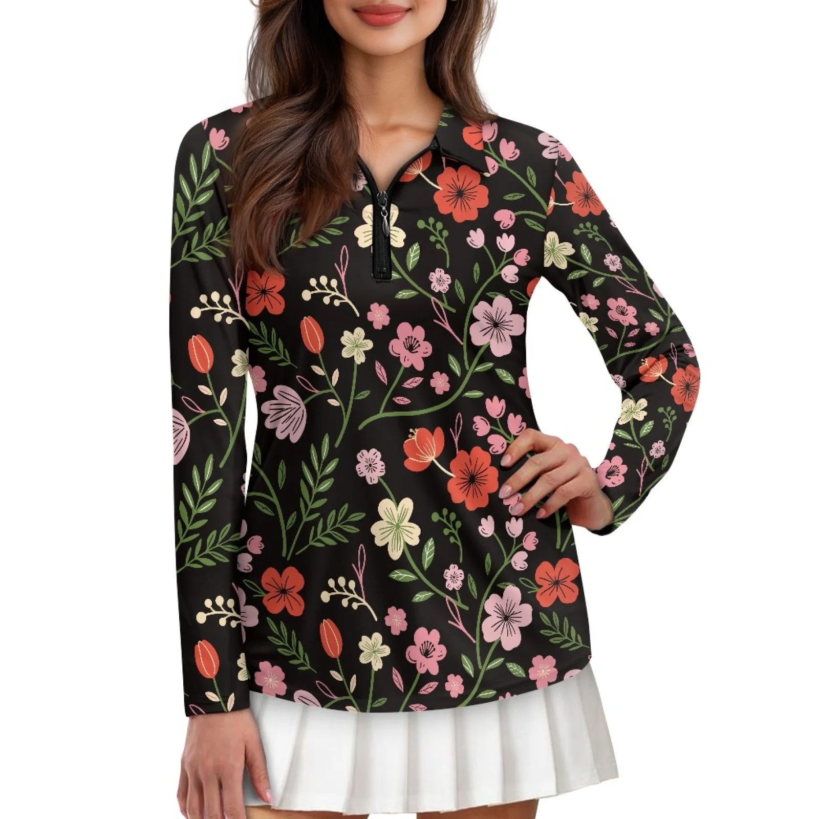 PENSTROLL Floral Bloom Womens Slim Fit Golf Shirts for Women Quarter Zip Athletic Sport Tops for Pilates