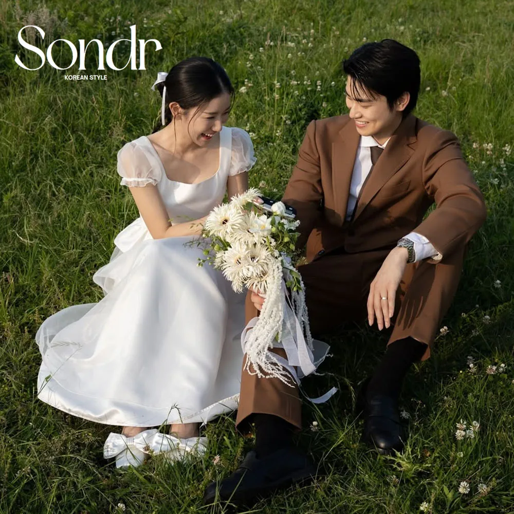 Sondr Customized Lovely Korean Wedding Dresses Photo Shoot U-Neck Puff Sleeves Silk Satin Bridal Party Gown Evening Dresses