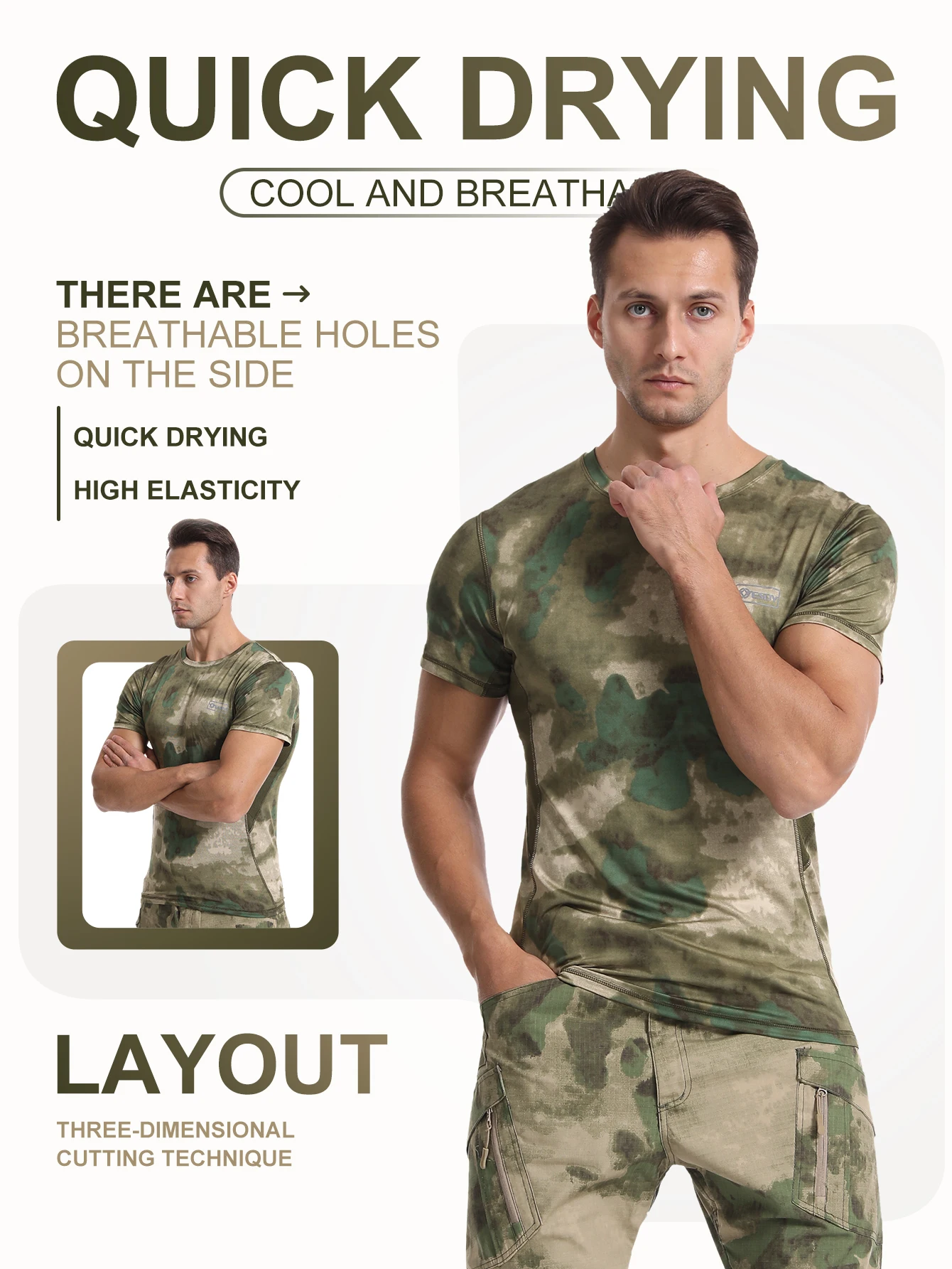 Men's Summer Quick-Drying Sports Camouflage Short-Sleeved Breathable Sweat-Wicking Ice Silk Fitness T-Shirt Outdoor Running Training Clothing Quick-Drying Clothing