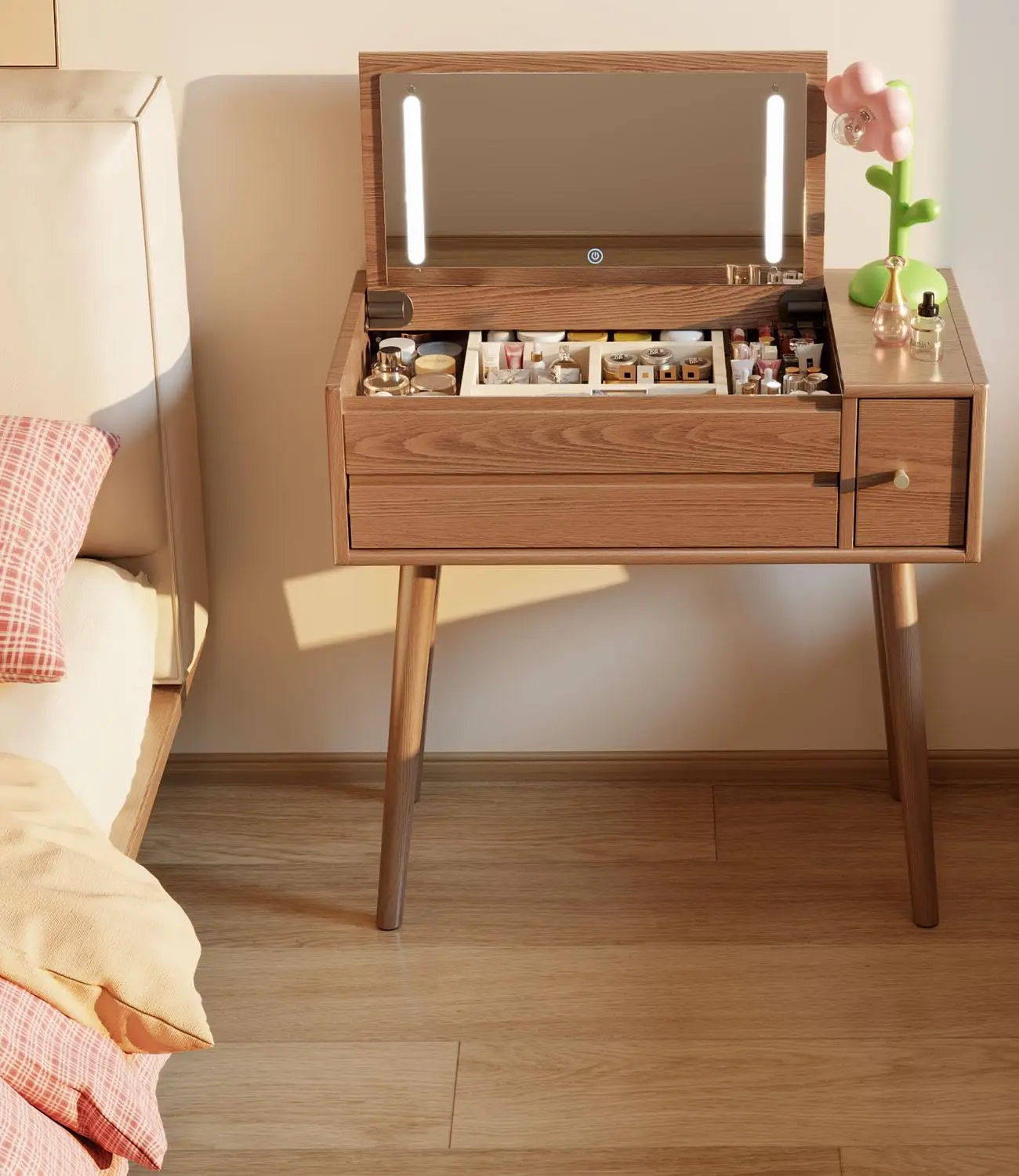 Wood Vanity Desk with Mirror and Lights, Dressing Table Set 3 Drawers, 32 Inch Large Make Up Table