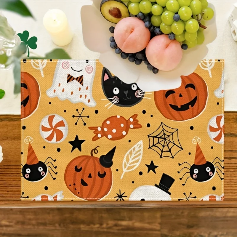 Halloween Haunted Castle Placemats, Pumpkin Bat Printed Linen Table Mats, Spooky Season Table Decor