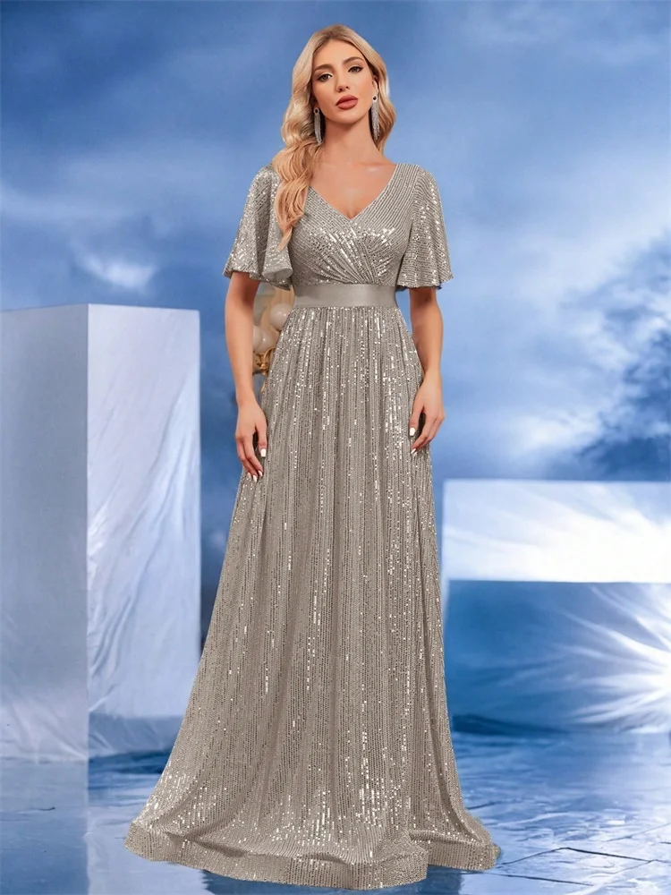 

XUIBOL Plus Size Elegant Grey Sequin V-Neck Evening Dress For Women Short Sleeve Party Maxi Prom Floor Lenght Cocktail Dress