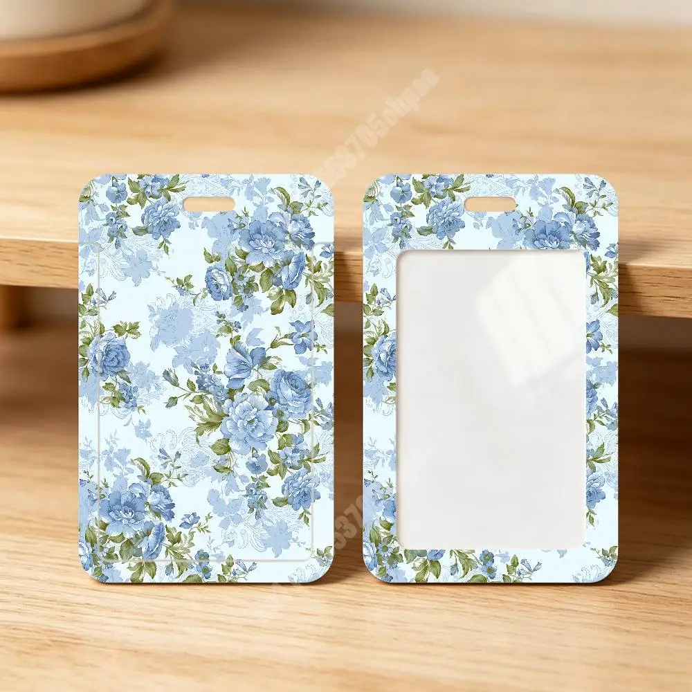Vintage Art Blue Folk Flowers Pattern Plastic Card Holder Worker ID Card Clear Transparent Employee Visitor Pass