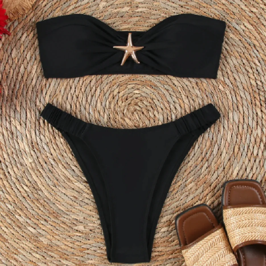

2025 однотонные стринги, бразильские бикини, купальник со звездами, женский купальник, черный комплект бикини, купальный костюм, женская летняя пляжная одежда, бикини