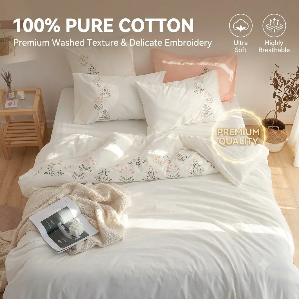 Premium 100% Cotton Embroidered Bedding Set 4 Pieces Water-Washed Cotton Duvet Cover Flat Sheet Elastic Fitted Sheet Set Bed